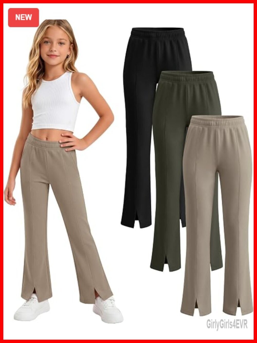 3 Pack Girls Flare Pants Elastic Waist Bell Bottom Wide Leg Sweatpants Split